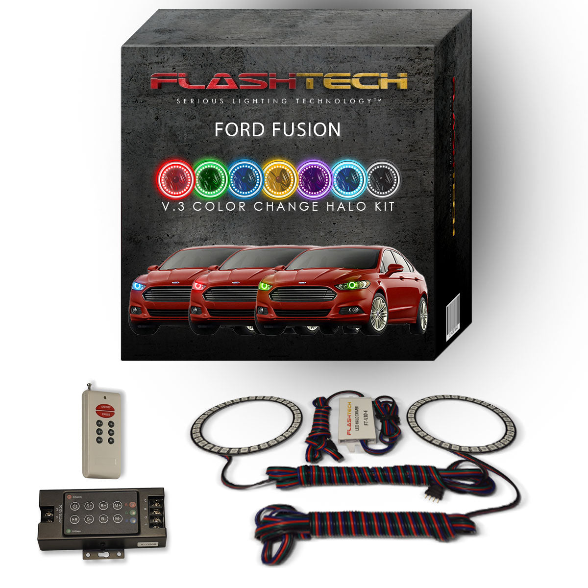 Ford-Fusion-2013, 2014, 2015, 2016-LED-Halo-Headlights-RGB-IR Remote-FO-FU1316-V3HIR