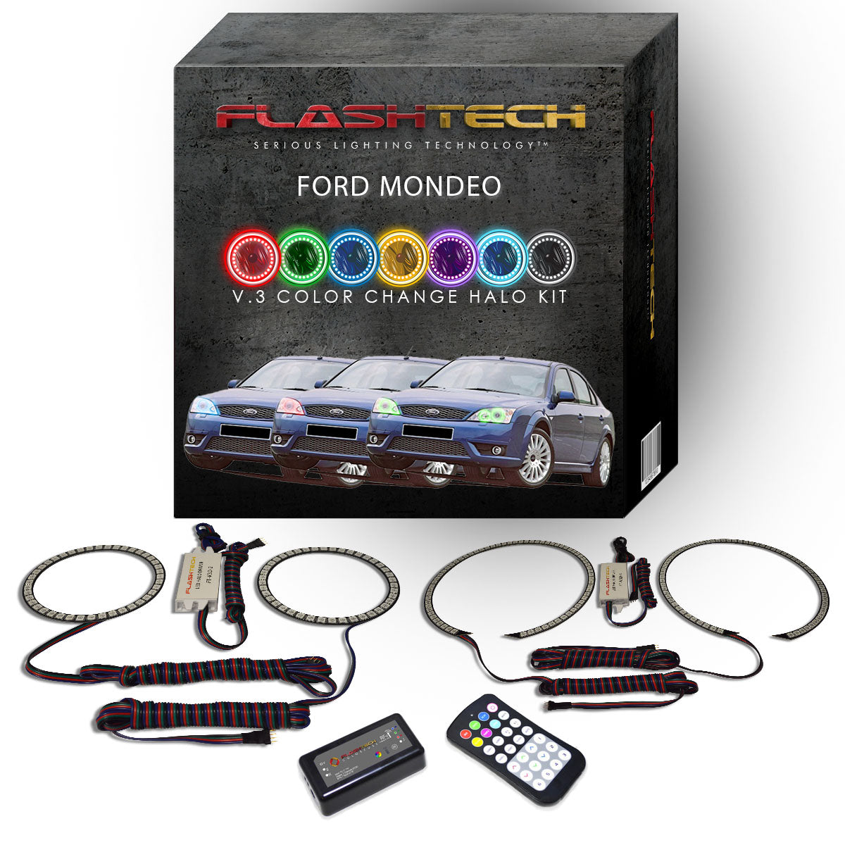 Ford-Mondeo-2000, 2001, 2003, 2004, 2005, 2006, 2007-LED-Halo-Headlights-RGB-Bluetooth RF Remote-FO-MO0007-V3HBTRF