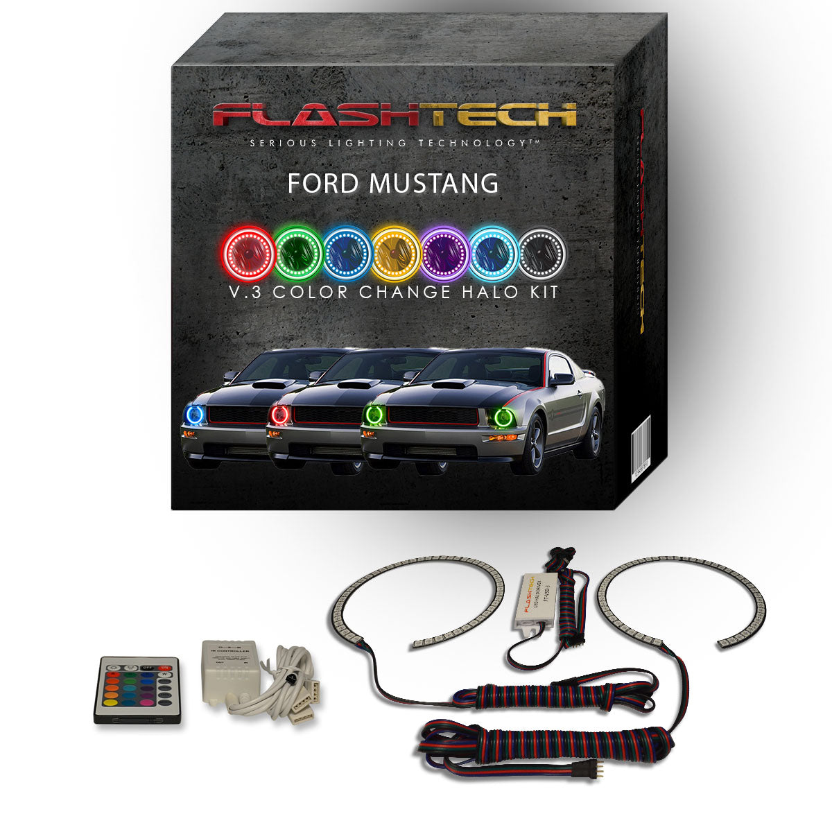Ford-Mustang-2005, 2006, 2007, 2008, 2009-LED-Halo-Headlights-RGB-Bluetooth RF Remote-FO-MU0509-V3HBTRF