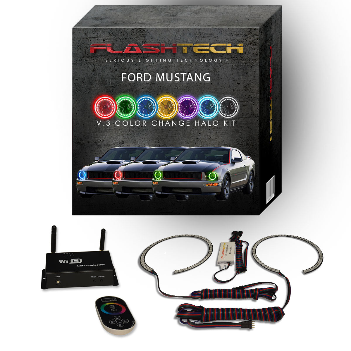 Ford-Mustang-2005, 2006, 2007, 2008, 2009-LED-Halo-Headlights-RGB-Bluetooth RF Remote-FO-MU0509-V3HBTRF
