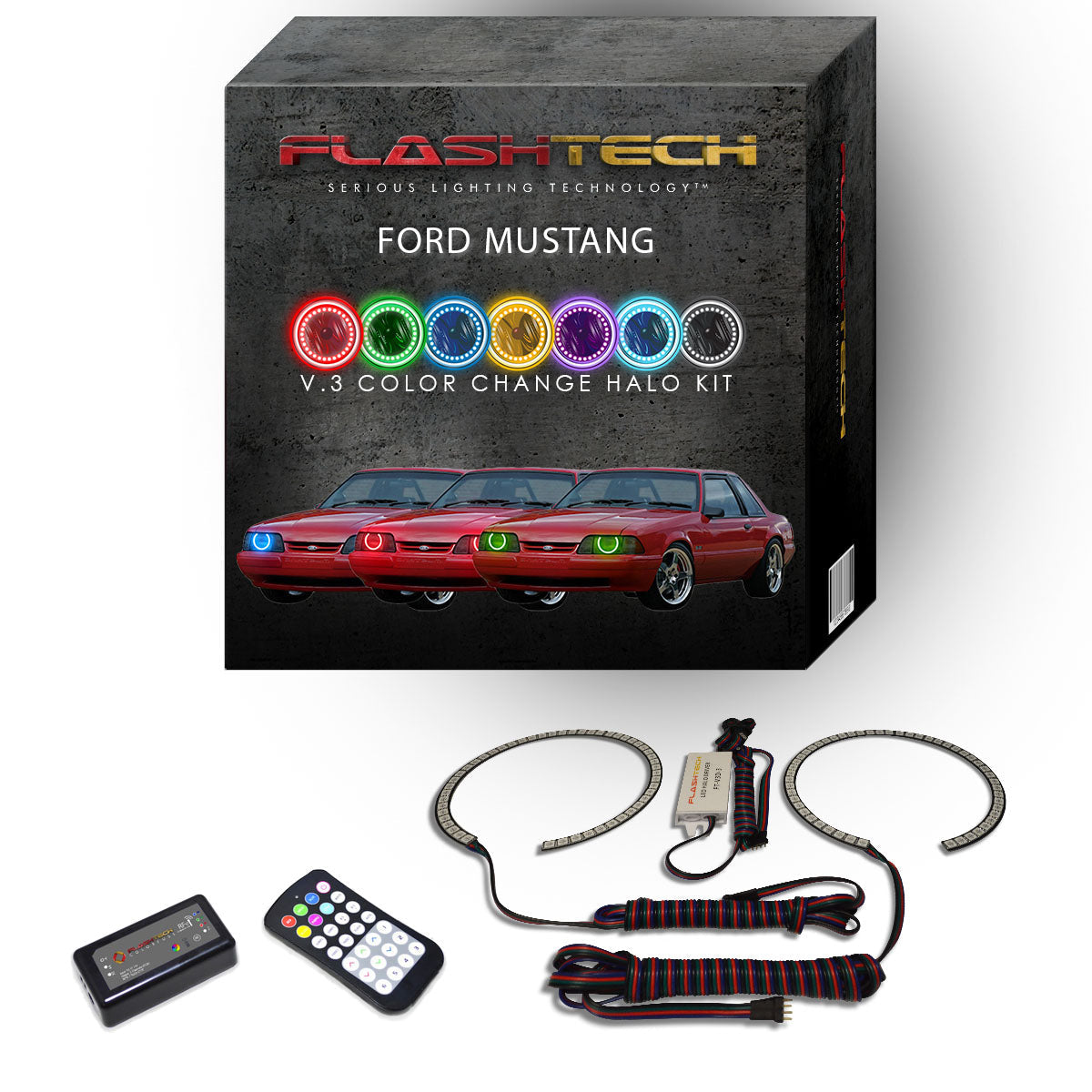Ford-Mustang-1987, 1988, 1989, 1990, 1991, 1993-LED-Halo-Headlights-RGB-RF Remote-FO-MU8793-V3HRF