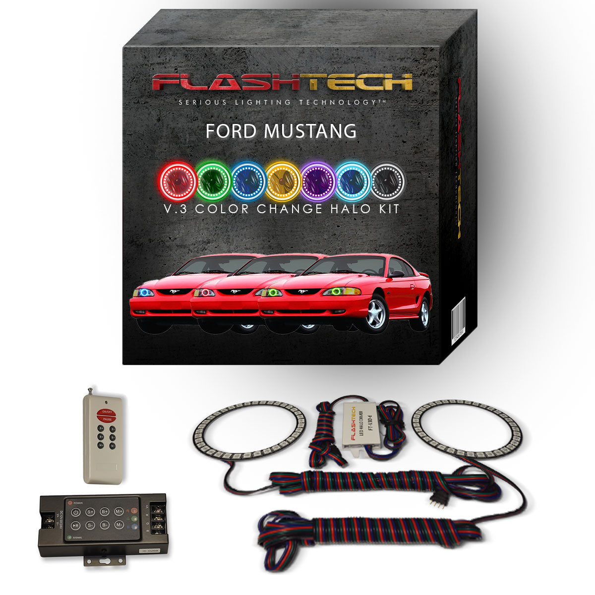 Ford-Mustang-1994, 1995, 1996, 1997, 1998-LED-Halo-Headlights-RGB-IR Remote-FO-MU9498-V3HIR