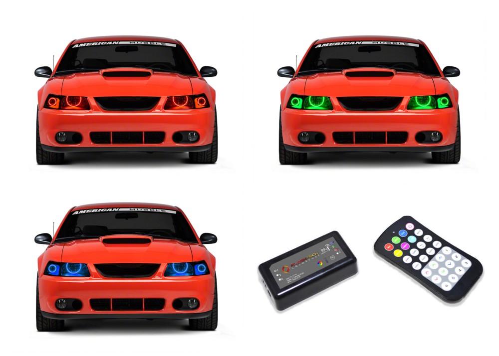 Ford-Mustang-1999, 2000, 2001, 2002, 2003, 2004-LED-Halo-Headlights-RGB-Colorfuse RF Remote-FO-MU9904-V3HCFRF