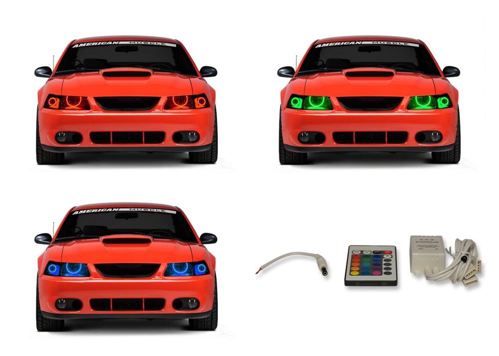 Ford-Mustang-1999, 2000, 2001, 2002, 2003, 2004-LED-Halo-Headlights-RGB-IR Remote-FO-MU9904-V3HIR