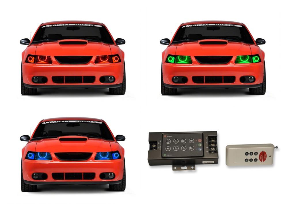 Ford-Mustang-1999, 2000, 2001, 2002, 2003, 2004-LED-Halo-Headlights-RGB-RF Remote-FO-MU9904-V3HRF