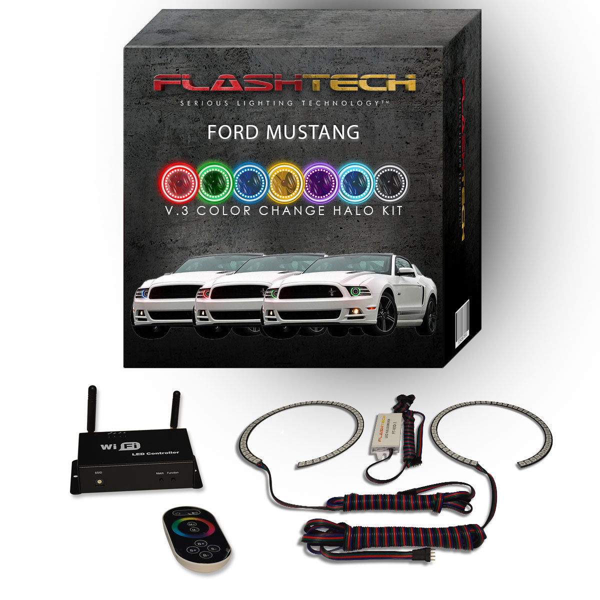 Ford-Mustang-2010, 2011, 2012, 2013, 2014-LED-Halo-Headlights-RGB-Bluetooth RF Remote-FO-MUP1014-V3HBTRF