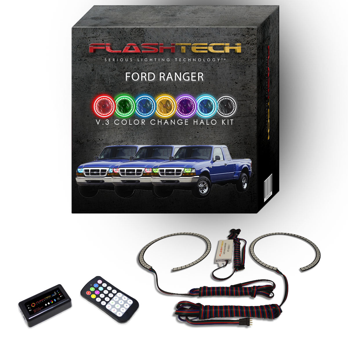 Ford-Ranger-1998, 1999, 2000-LED-Halo-Headlights-RGB-RF Remote-FO-RA9800-V3HRF