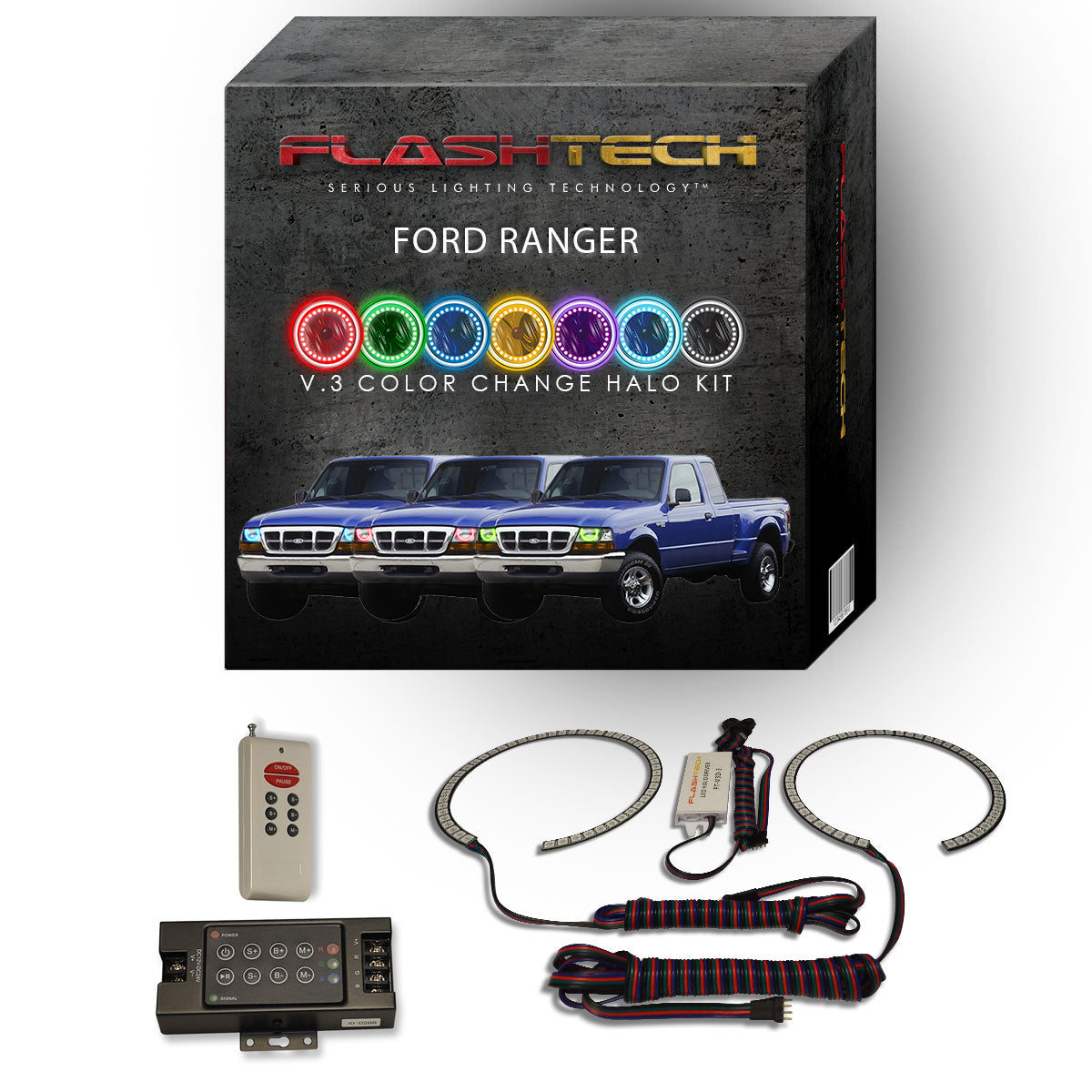 Ford-Ranger-1998, 1999, 2000-LED-Halo-Headlights-RGB-IR Remote-FO-RA9800-V3HIR