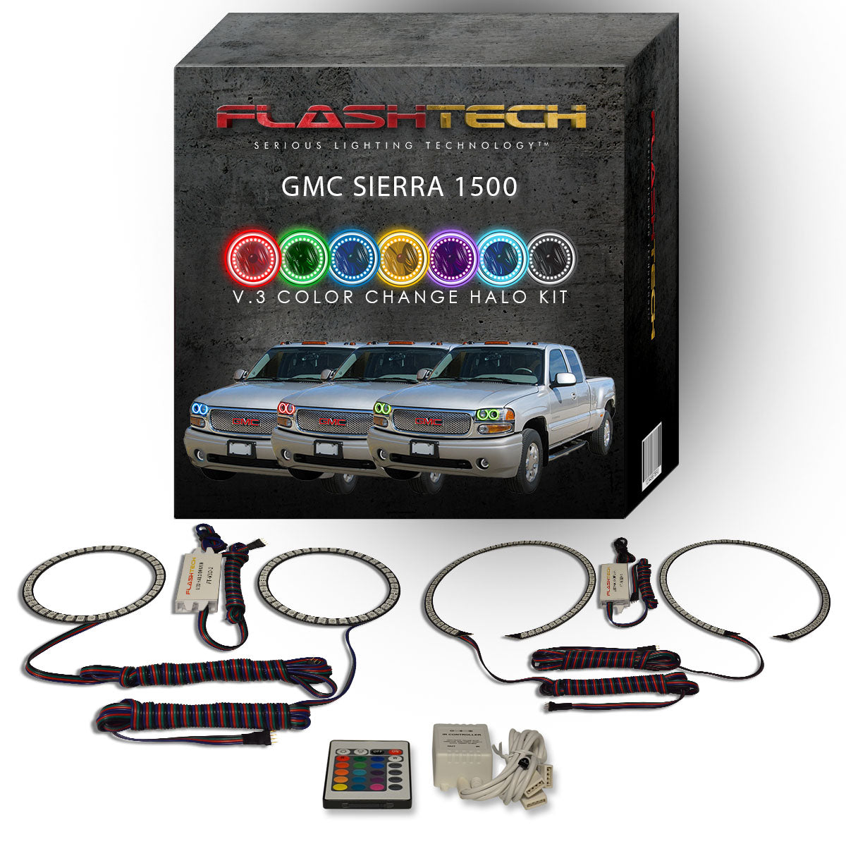 GMC-Sierra 1500-2002, 2003, 2004, 2005, 2006-LED-Halo-Headlights-RGB-Bluetooth RF Remote-GMC-SR0206-V3HBTRF