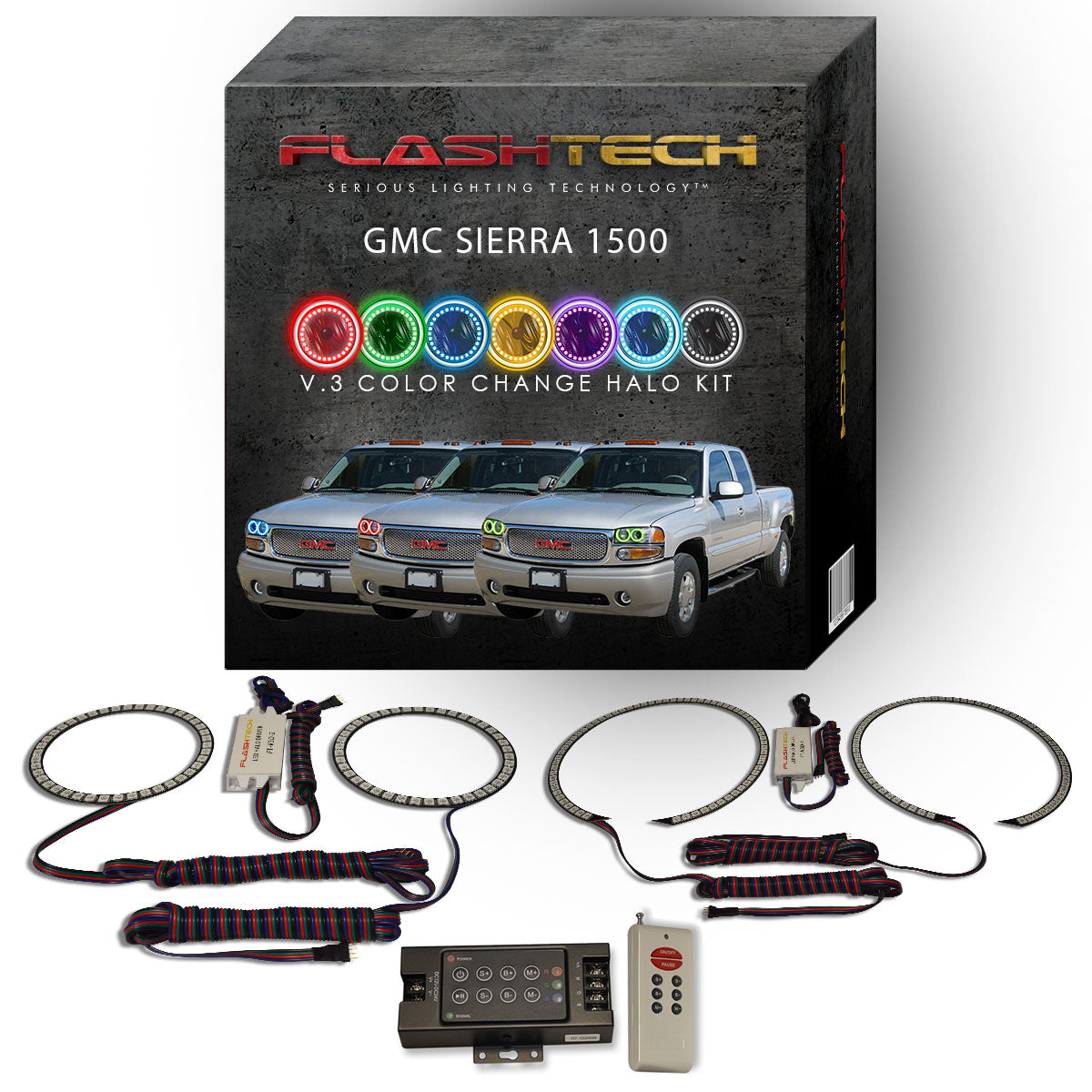 GMC-Sierra 1500-2002, 2003, 2004, 2005, 2006-LED-Halo-Headlights-RGB-IR Remote-GMC-SR0206-V3HIR
