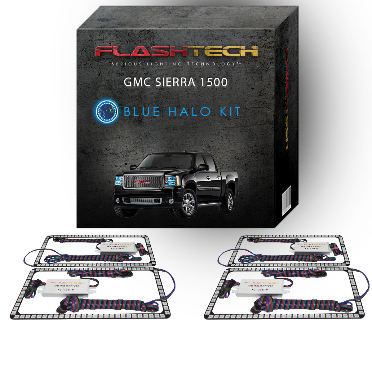 GMC-Sierra 1500-2008, 2009, 2010, 2011, 2012, 2013-LED-Halo-Headlights-RGB-No Remote-GMC-SR0713-V3H