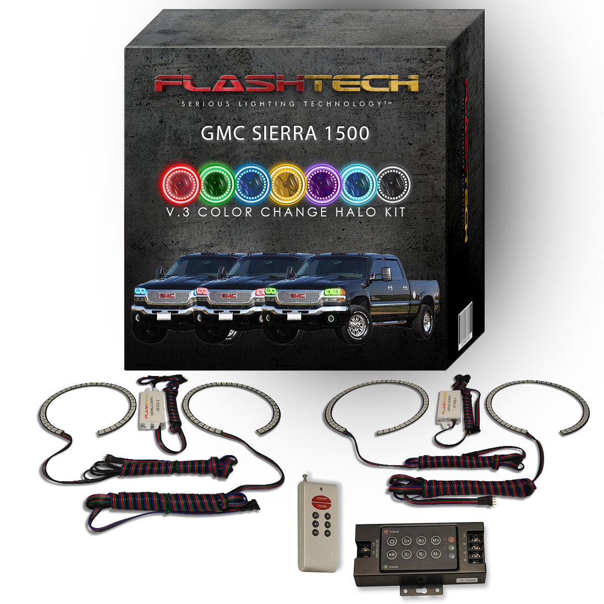 GMC-Sierra 1500-1999, 2000, 2001, 2002, 2003, 2004, 2005, 2006-LED-Halo-Headlights-RGB-Bluetooth RF Remote-GMC-SR9906-V3HBTRF