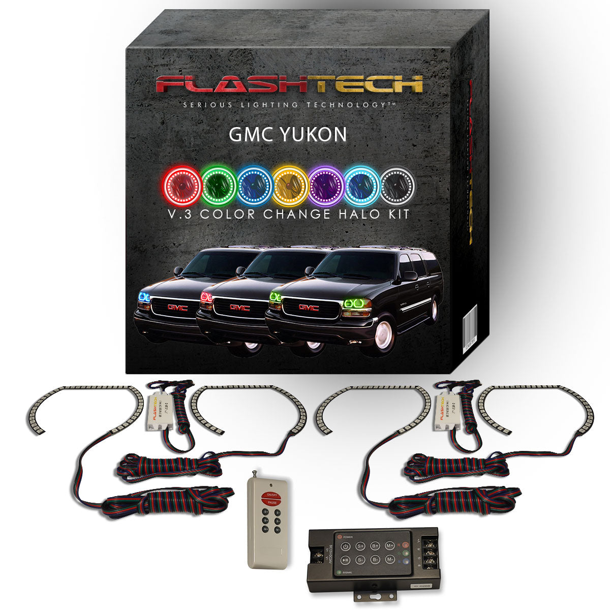 GMC-Yukon-2000, 2001, 2002, 2003, 2004, 2005, 2006-LED-Halo-Headlights-RGB-IR Remote-GMC-YU0006-V3HIR