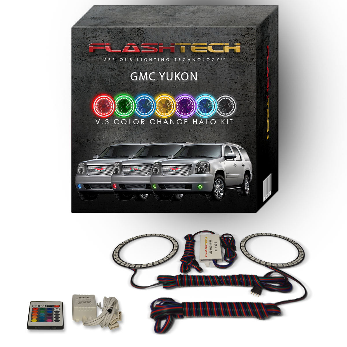 GMC-Yukon-2007, 2008, 2009, 2010, 2011, 2012, 2013-LED-Halo-Fog Lights-RGB-Bluetooth RF Remote-GMC-YU0713-V3FBTRF
