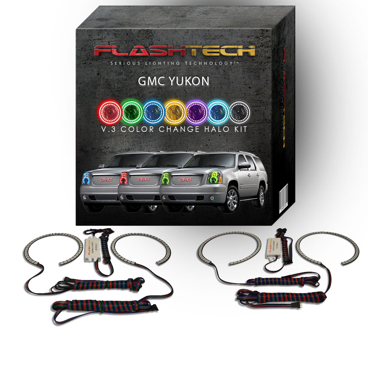 GMC-Yukon-2007, 2008, 2009, 2010, 2011, 2012, 2013-LED-Halo-Headlights-RGB-No Remote-GMC-YU0713-V3H