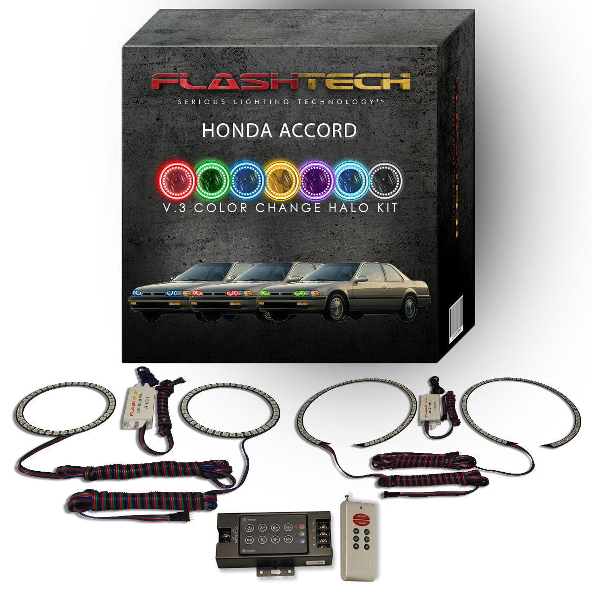 Honda-Accord-1990, 1991, 1992, 1993-LED-Halo-Headlights-RGB-IR Remote-HO-AC9093-V3HIR