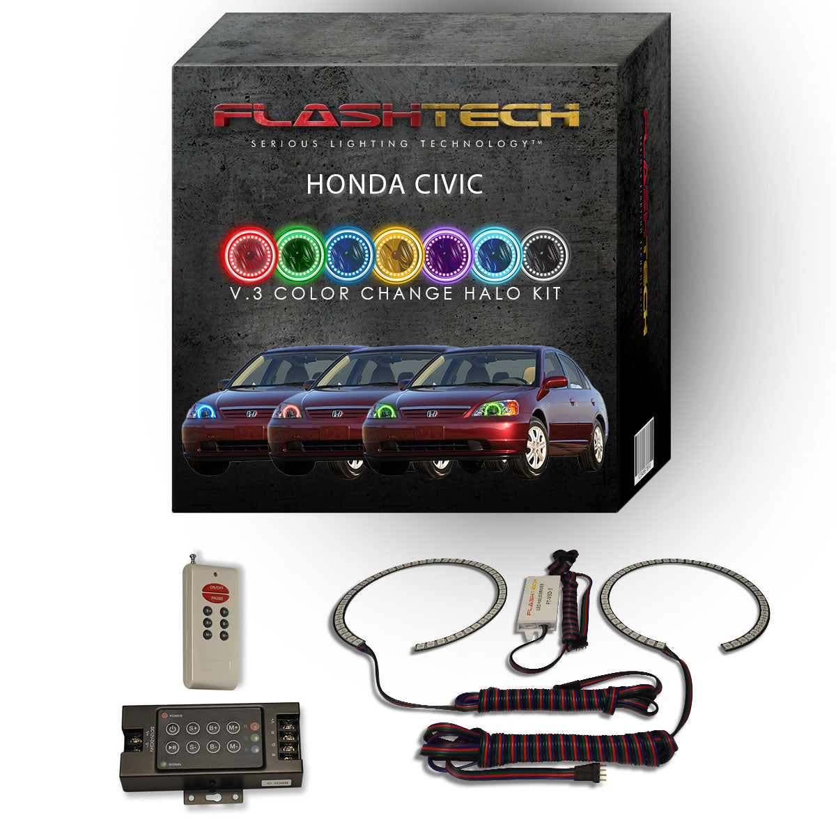 Honda-Civic-2001, 2002, 2003-LED-Halo-Headlights-RGB-IR Remote-HO-CV0103-V3HIR