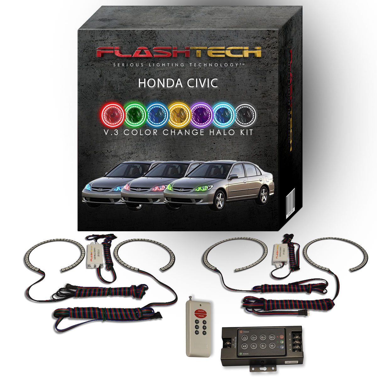 Honda-Civic-2004, 2005-LED-Halo-Headlights-RGB-IR Remote-HO-CV0405-V3HIR