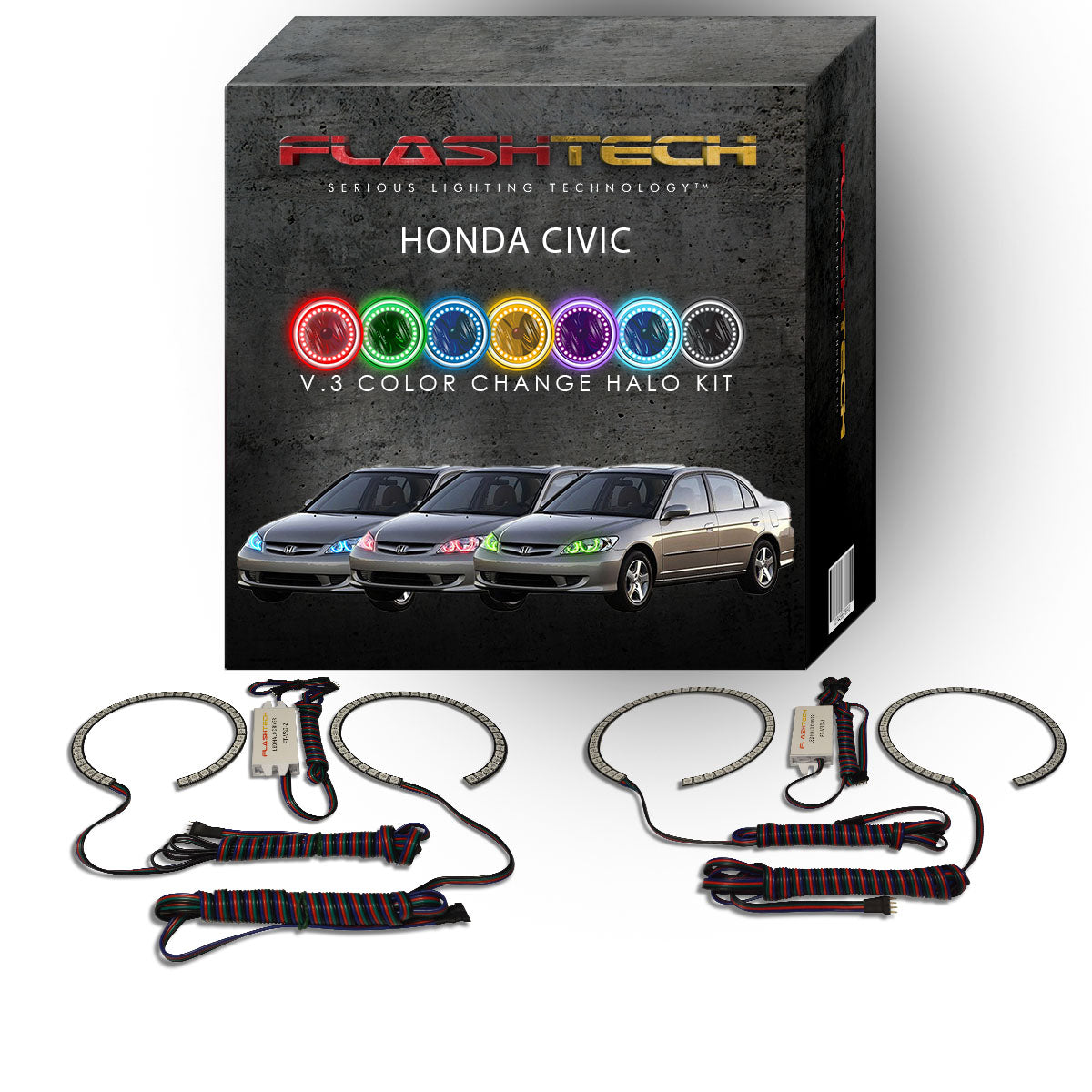 Honda-Civic-2004, 2005-LED-Halo-Headlights-RGB-No Remote-HO-CV0405-V3H