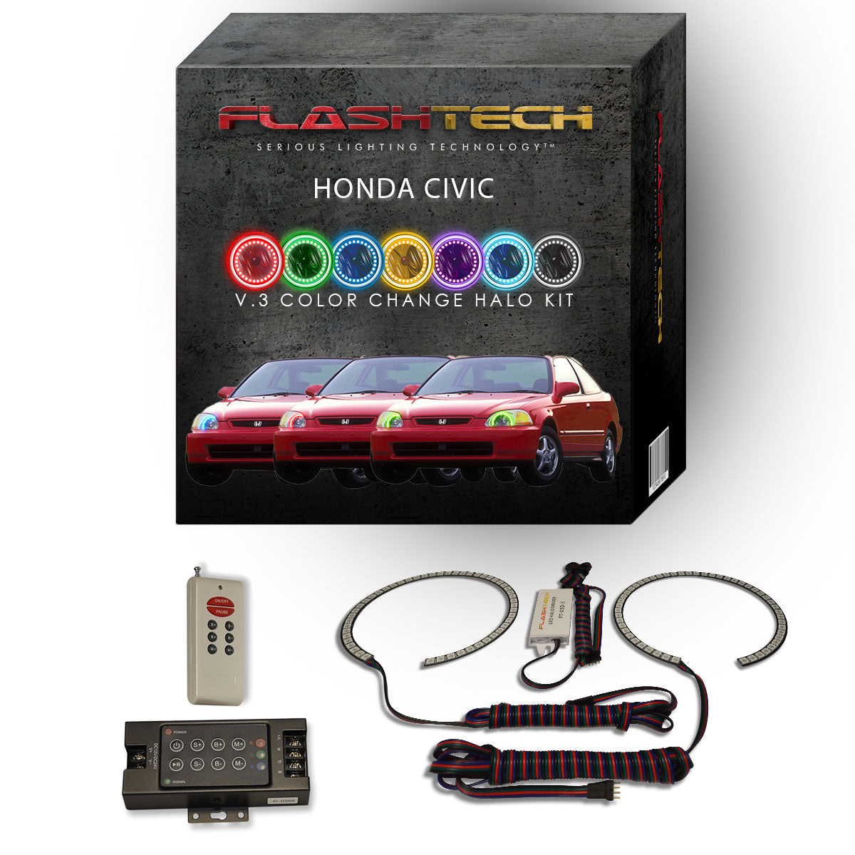 Honda-Civic-1992, 1993, 1994, 1995-LED-Halo-Headlights-RGB-IR Remote-HO-CV9295-V3HIR