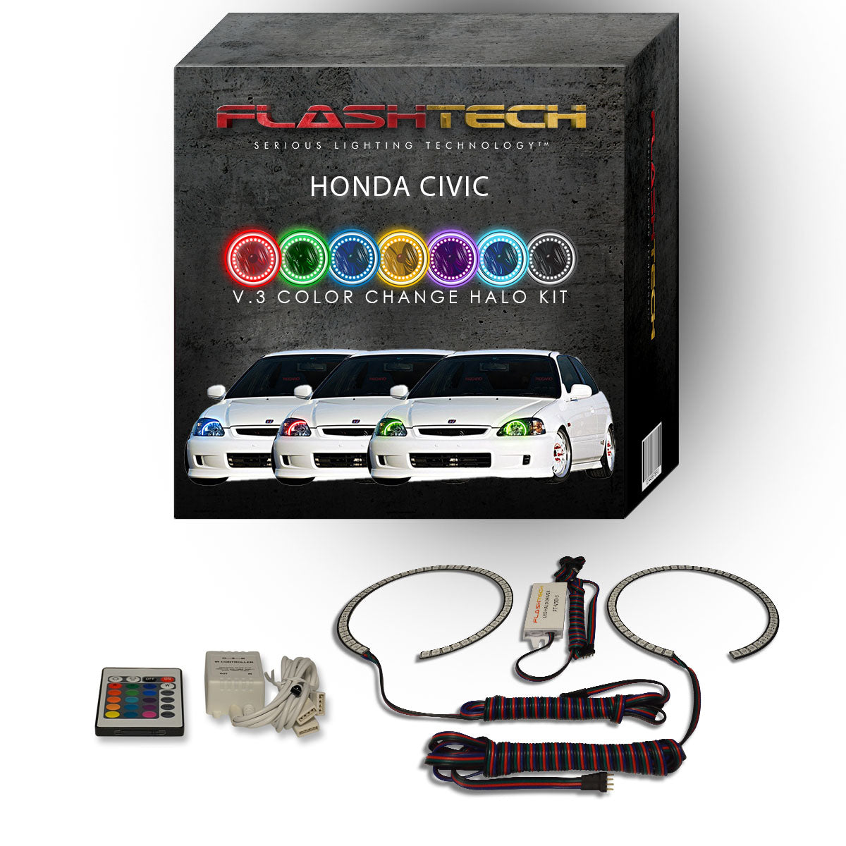 Honda-Civic-1996, 1997, 1998-LED-Halo-Headlights-RGB-Bluetooth RF Remote-HO-CV9698-V3HBTRF