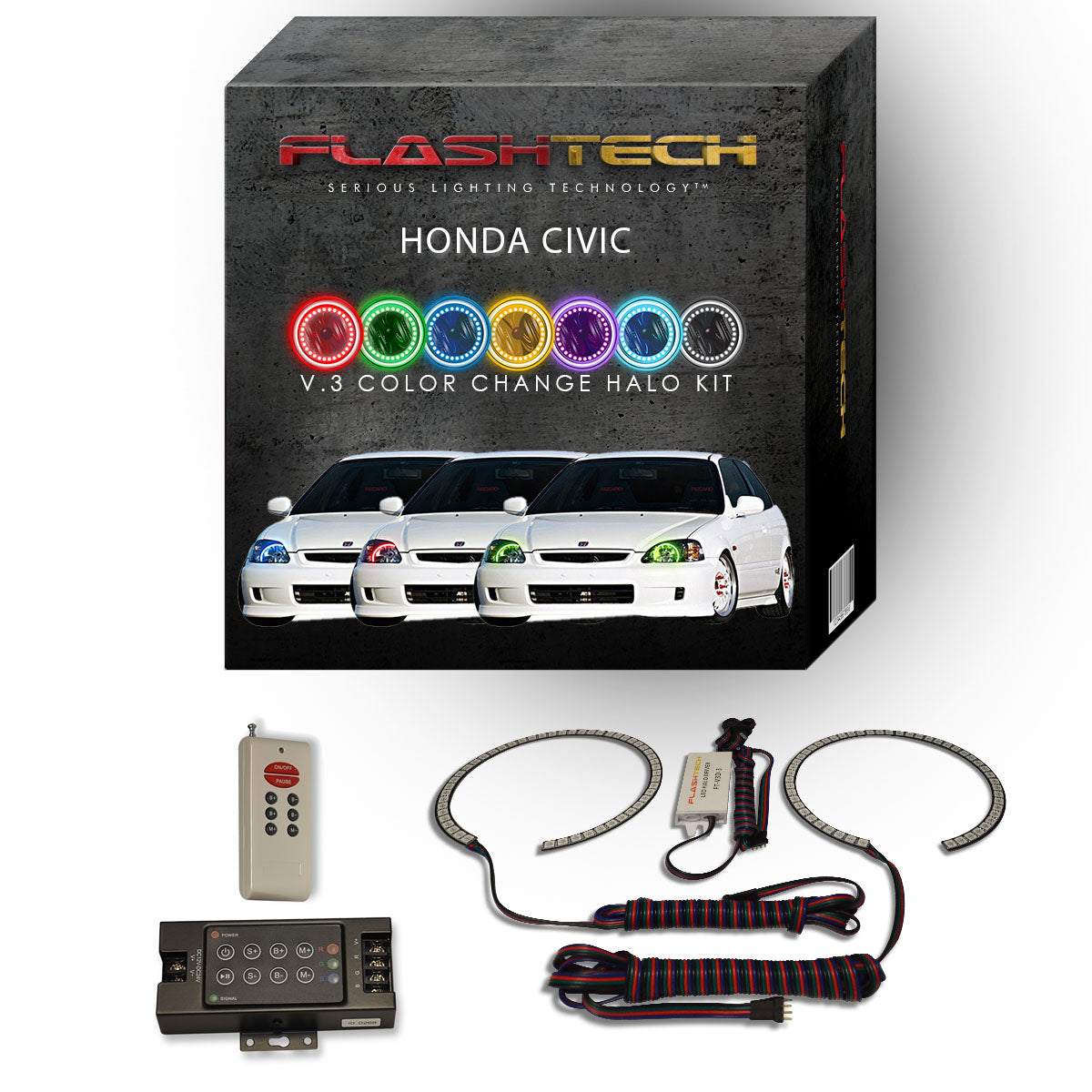 Honda-Civic-1996, 1997, 1998-LED-Halo-Headlights-RGB-IR Remote-HO-CV9698-V3HIR