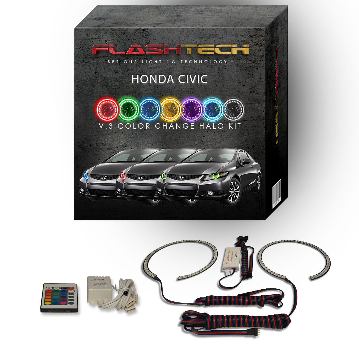 Honda-Civic-2012, 2013-LED-Halo-Headlights-RGB-Bluetooth RF Remote-HO-CVC1213-V3HBTRF