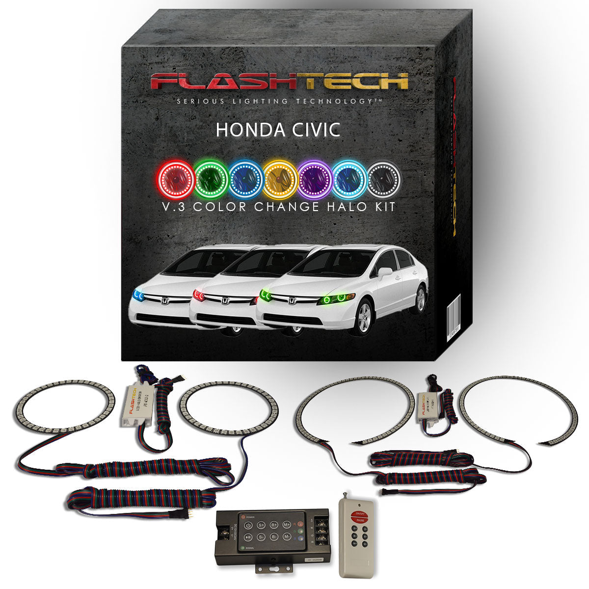 Honda-Civic-2006, 2007, 2008-LED-Halo-Headlights-RGB-IR Remote-HO-CVS0608-V3HIR
