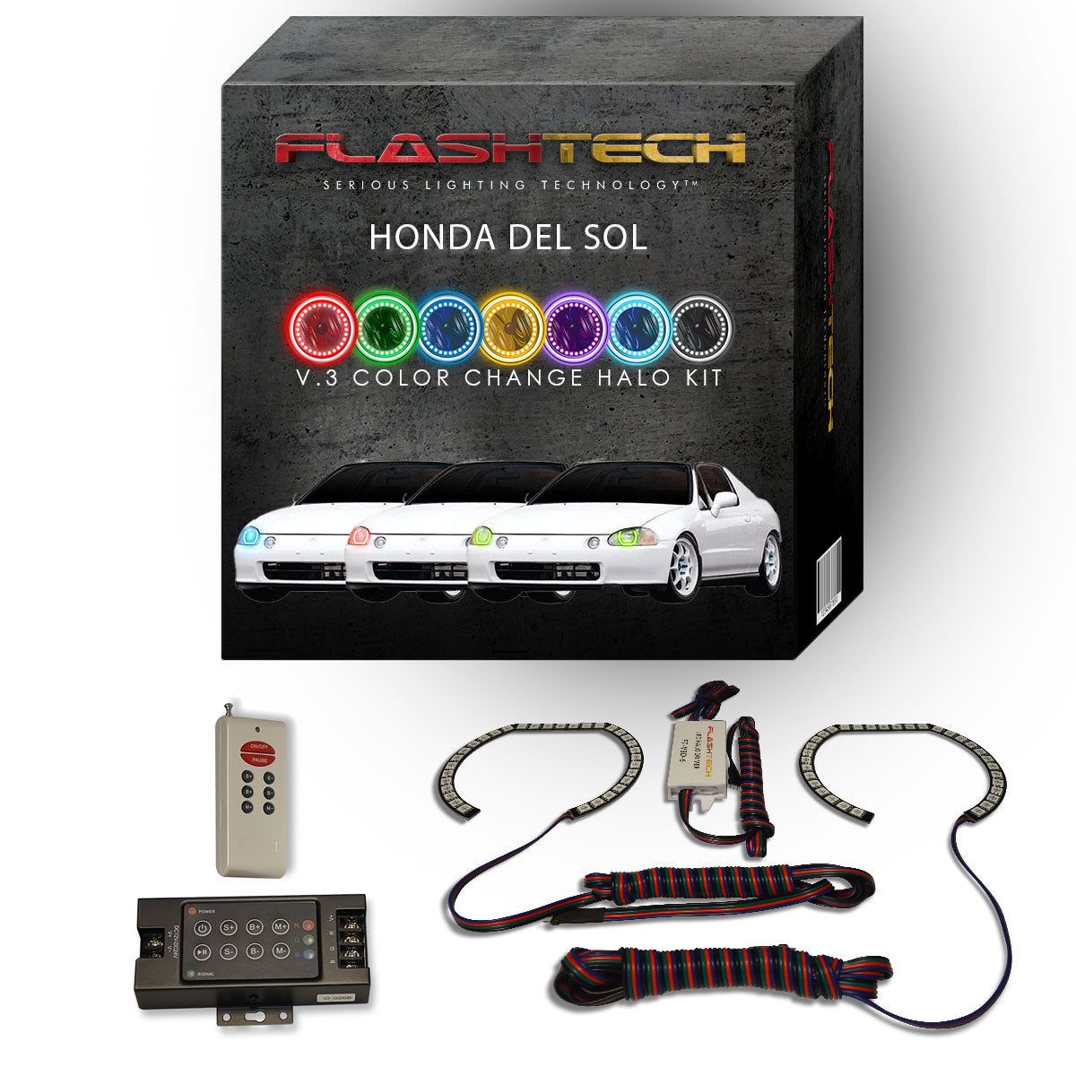 Honda-Del Sol-1994, 1995, 1996, 1997-LED-Halo-Headlights-RGB-IR Remote-HO-DS9497-V3HIR