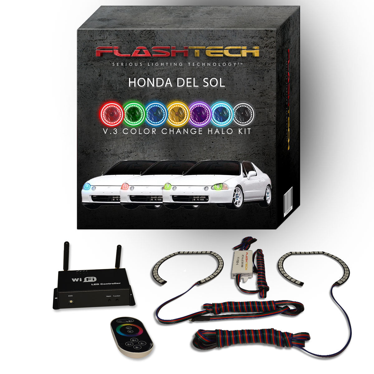 Honda-Del Sol-1994, 1995, 1996, 1997-LED-Halo-Headlights-RGB-IR Remote-HO-DS9497-V3HIR