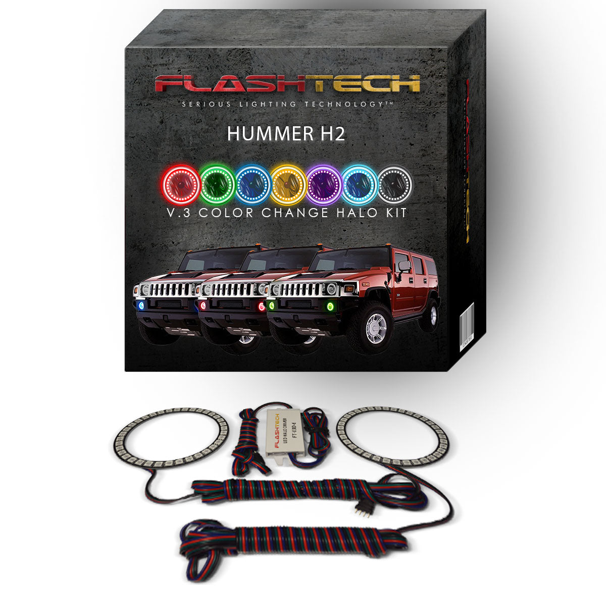Hummer-H2-2003, 2004, 2005, 2006, 2007, 2008, 2009-LED-Halo-Fog Lights-RGB-No Remote-HU-H203-V3F
