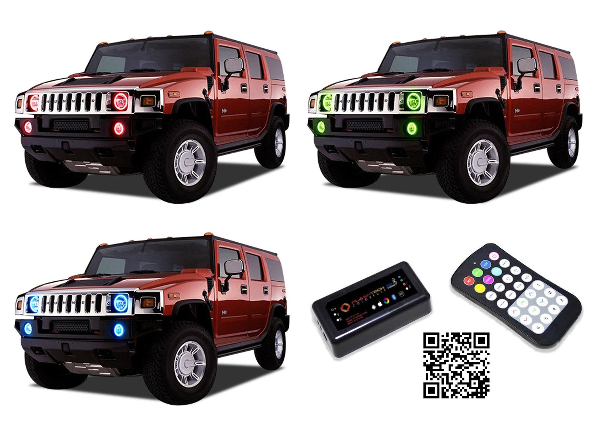 Hummer-H2-2003, 2004, 2005, 2006, 2007, 2008, 2009-LED-Halo-Headlights and Fog Lights-RGB-Bluetooth RF Remote-HU-H20309-V3HFBTRF