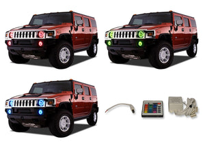 Hummer-H2-2003, 2004, 2005, 2006, 2007, 2008, 2009-LED-Halo-Headlights and Fog Lights-RGB-IR Remote-HU-H20309-V3HFIR