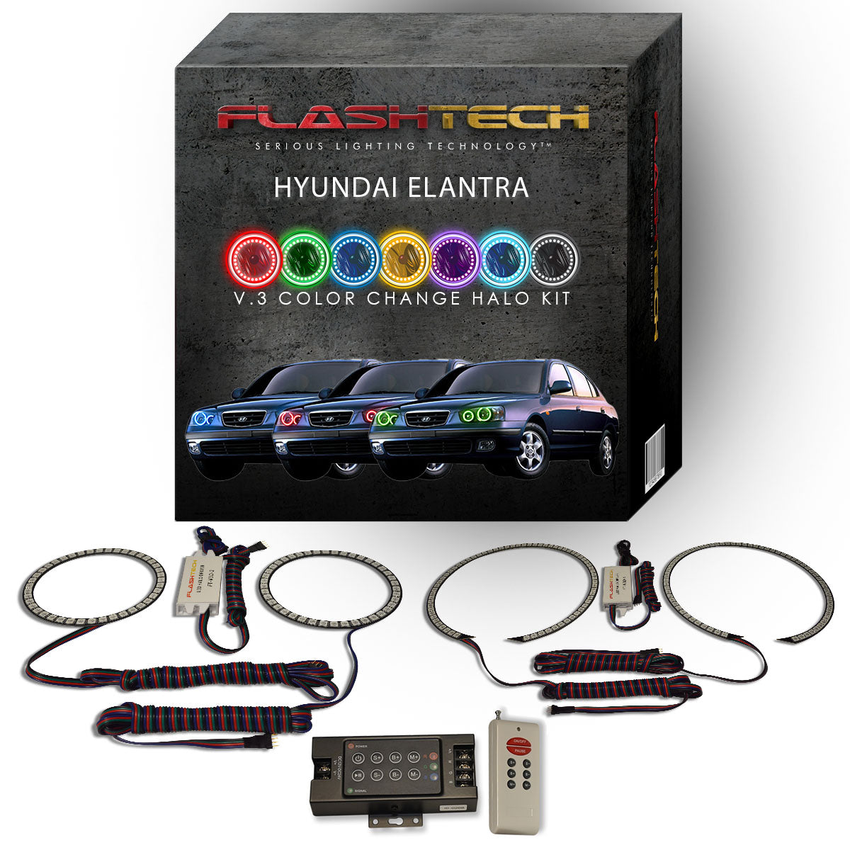 Hyundai-Elantra-2001, 2002, 2003-LED-Halo-Headlights-RGB-IR Remote-HY-EL0103-V3HIR