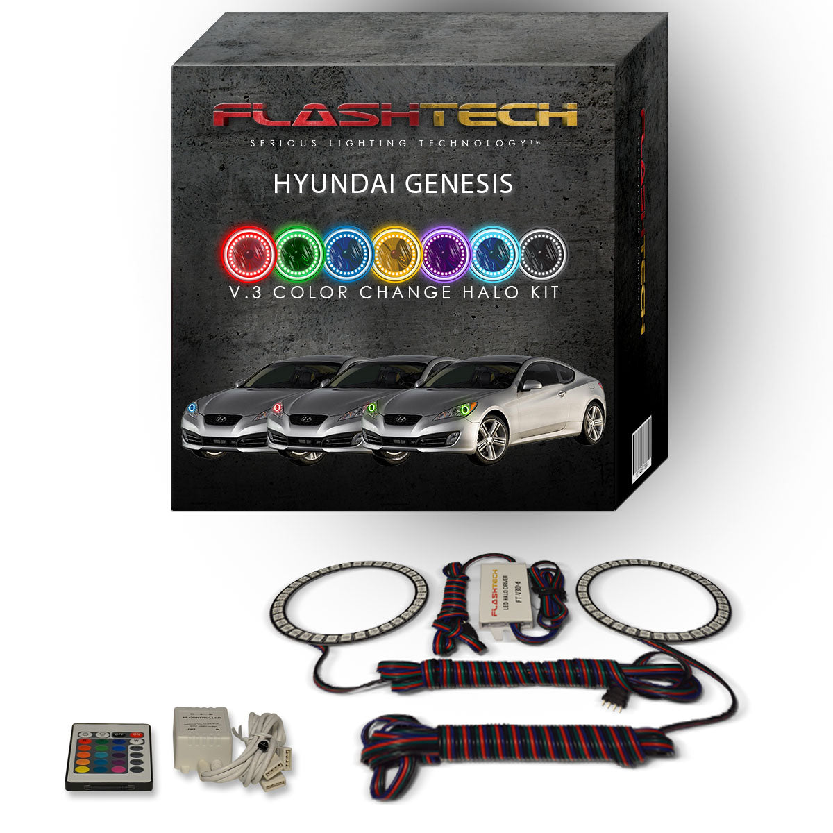 Hyundai-Genesis-2010, 2011, 2012-LED-Halo-Headlights-RGB-Bluetooth RF Remote-HY-GNC1012-V3HBTRF