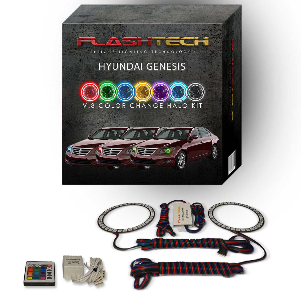 Hyundai-Genesis-2009, 2010, 2011-LED-Halo-Headlights-RGB-Bluetooth RF Remote-HY-GNS0911-V3HBTRF