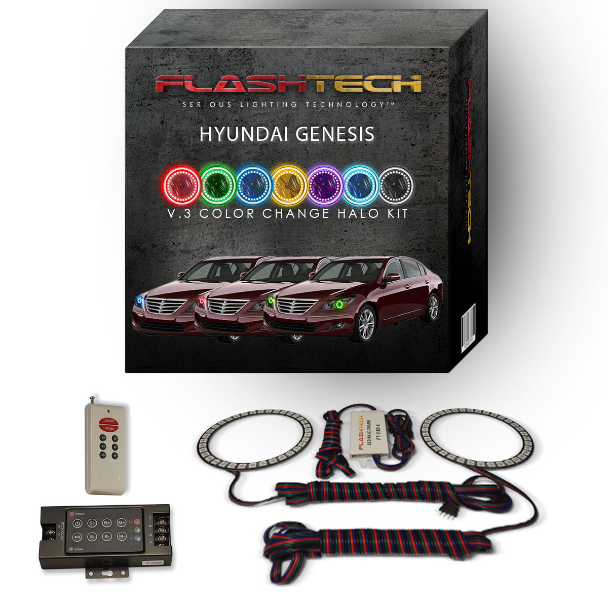 Hyundai-Genesis-2009, 2010, 2011-LED-Halo-Headlights-RGB-IR Remote-HY-GNS0911-V3HIR