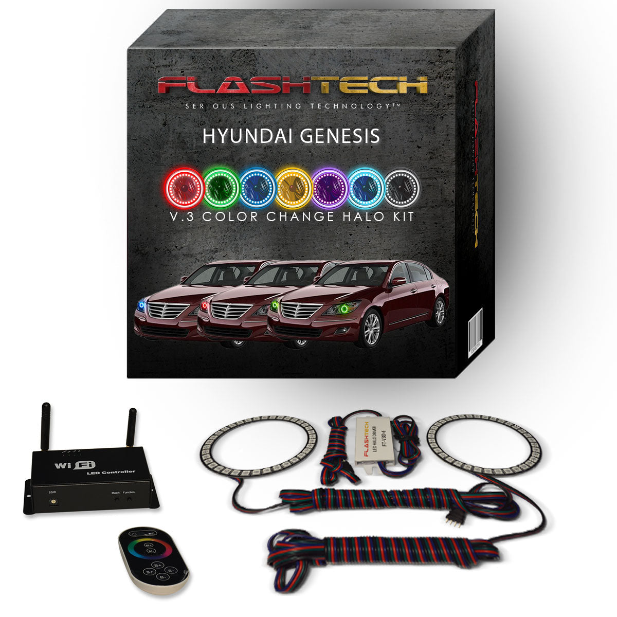Hyundai-Genesis-2009, 2010, 2011-LED-Halo-Headlights-RGB-IR Remote-HY-GNS0911-V3HIR