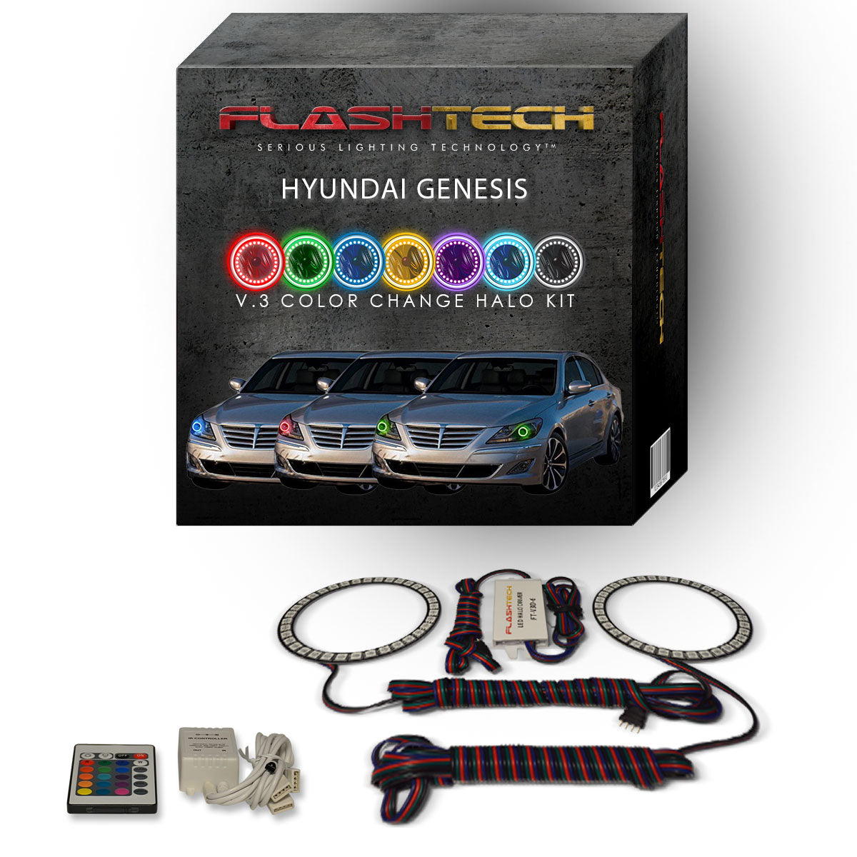 Hyundai-Genesis-2012, 2013, 2014-LED-Halo-Headlights-RGB-Bluetooth RF Remote-HY-GNS1214-V3HBTRF