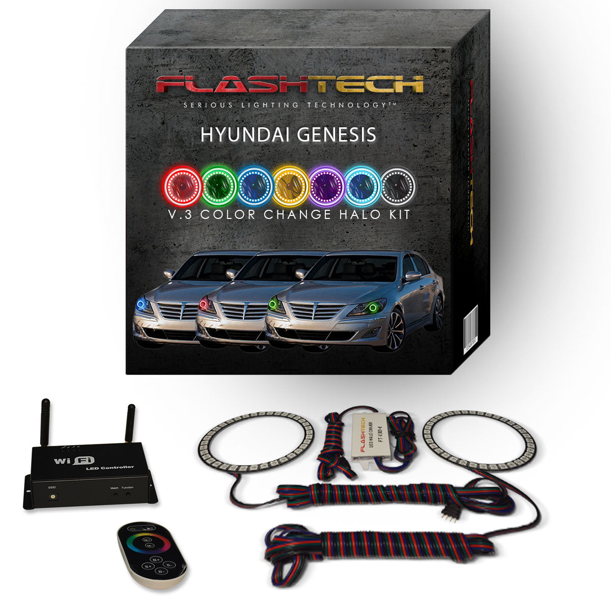 Hyundai-Genesis-2012, 2013, 2014-LED-Halo-Headlights-RGB-IR Remote-HY-GNS1214-V3HIR