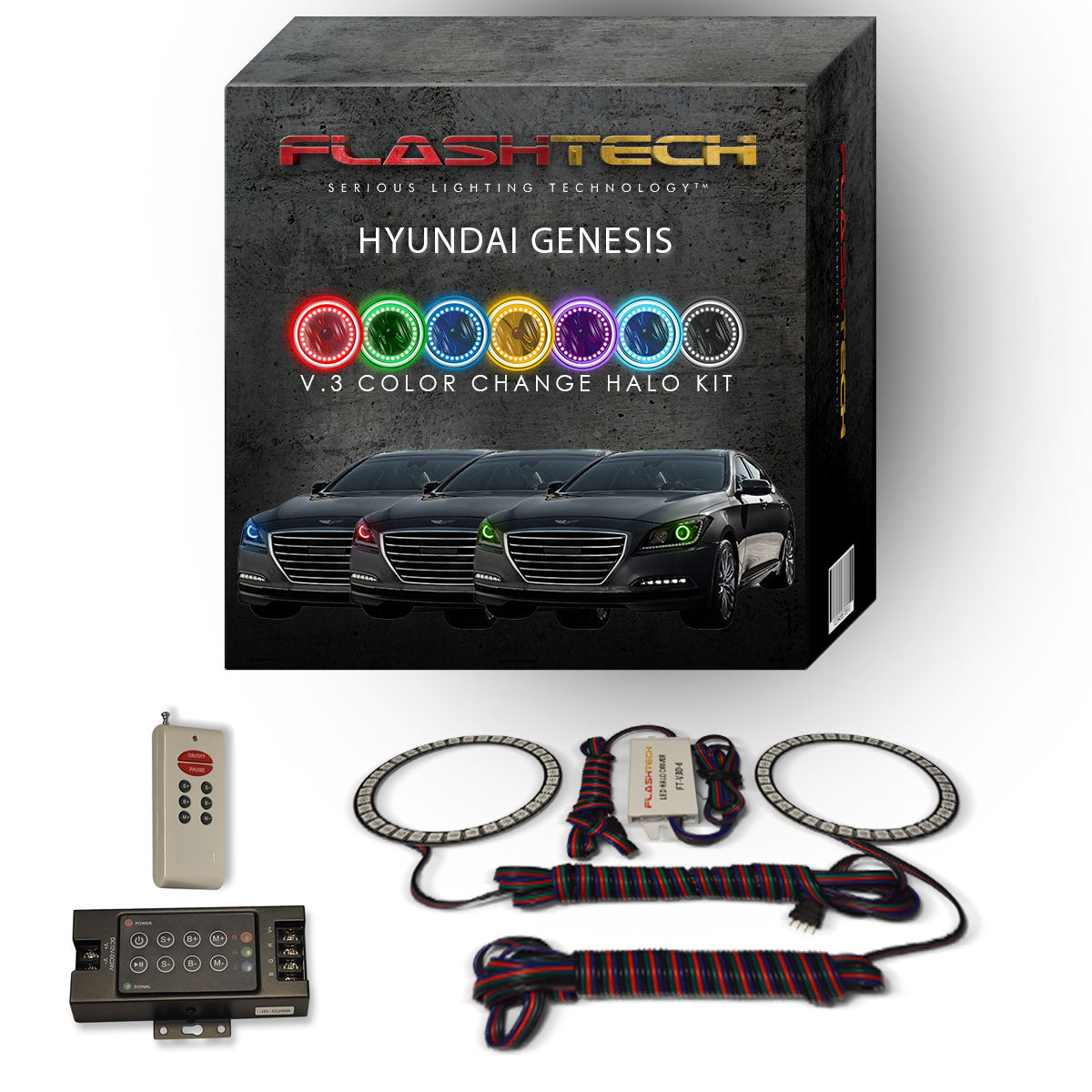 Hyundai-Genesis-2015, 2016-LED-Halo-Headlights-RGB-IR Remote-HY-GNS1516-V3HIR