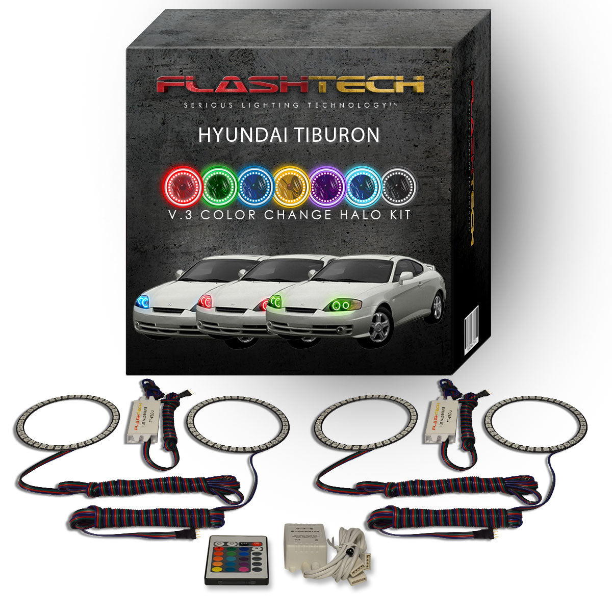 Hyundai-Tiburon-2003, 2004-LED-Halo-Headlights-RGB-Bluetooth RF Remote-HY-TB0304-V3HBTRF