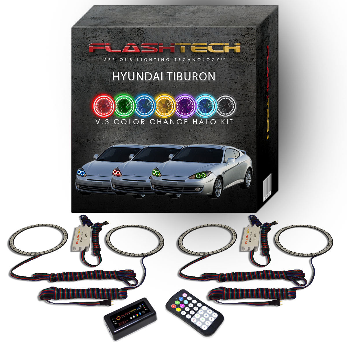 Hyundai-Tiburon-2007, 2008-LED-Halo-Headlights-RGB-RF Remote-HY-TB0708-V3HRF