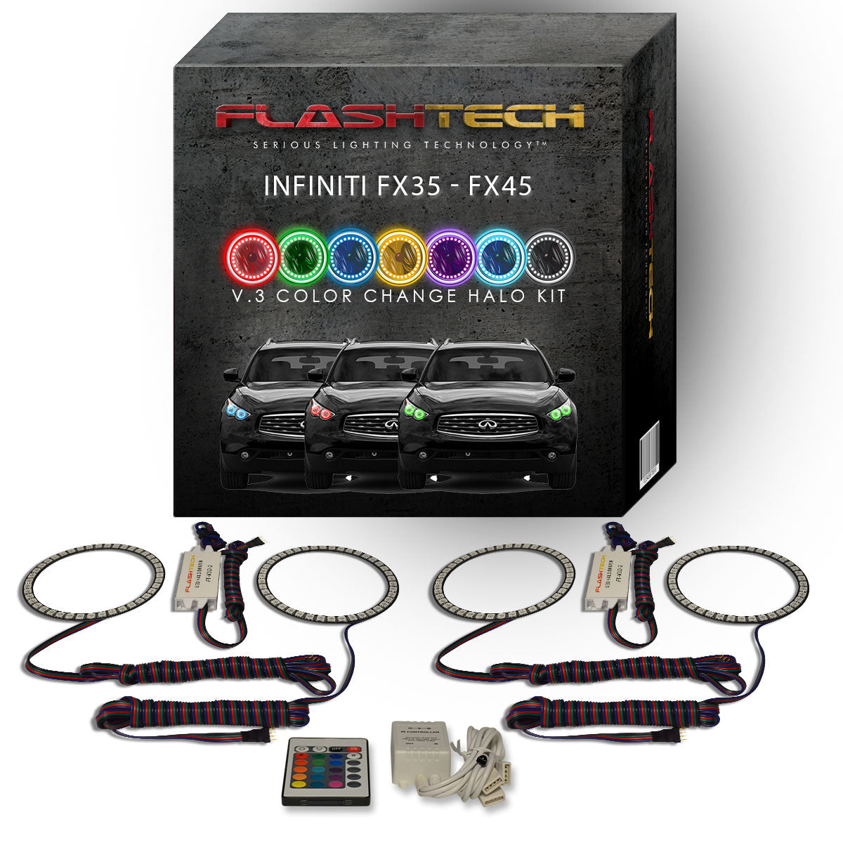 Infiniti-FX35-2003, 2004, 2005, 2006, 2007, 2008-LED-Halo-Headlights-RGB-Bluetooth RF Remote-IN-FX0308-V3HBTRF