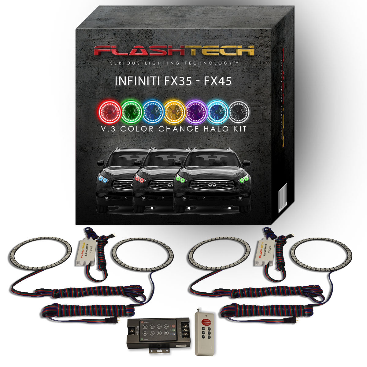 Infiniti-FX35-2003, 2004, 2005, 2006, 2007, 2008-LED-Halo-Headlights-RGB-IR Remote-IN-FX0308-V3HIR