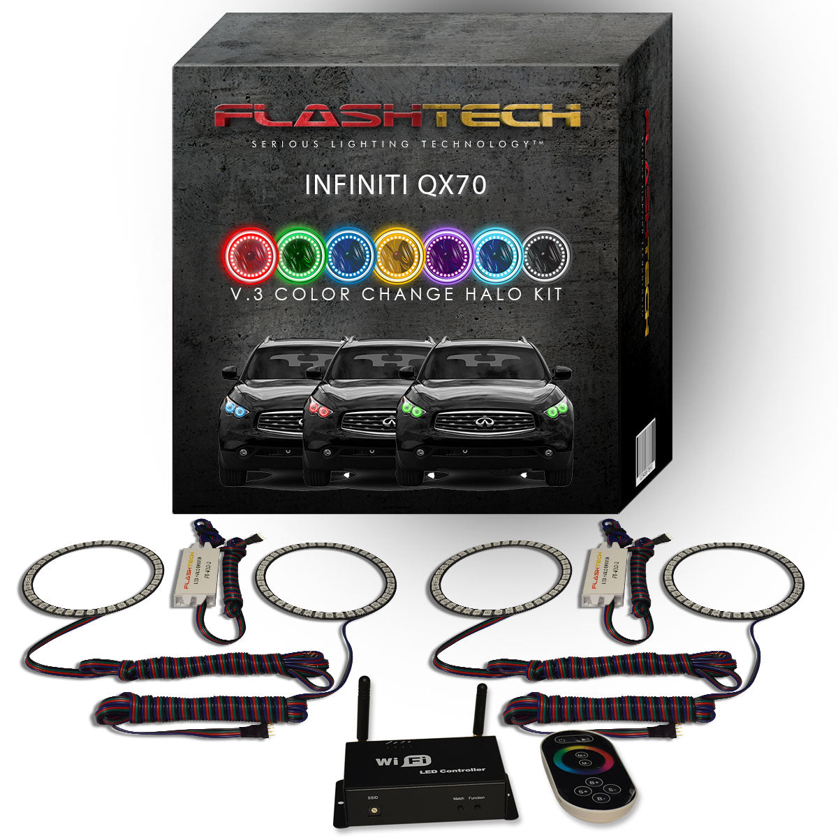 Infiniti-QX70-2013, 2014, 2015, 2016, 2017-LED-Halo-Headlights-RGB-IR Remote-IN-QX701317-V3HIR