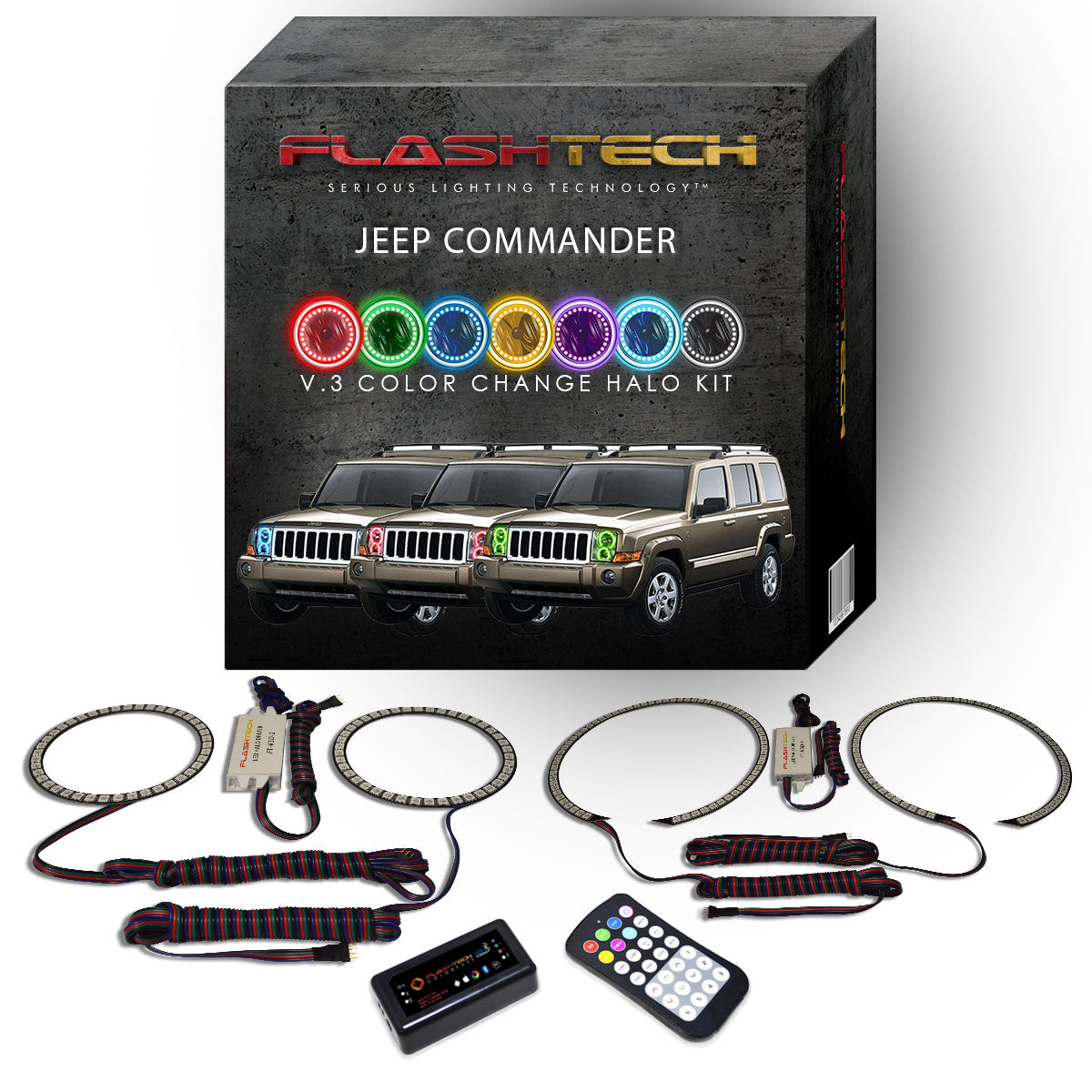 Jeep-Commander-2006, 2007, 2008, 2009, 2010-LED-Halo-Headlights-RGB-RF Remote-JE-CO0610-V3HRF
