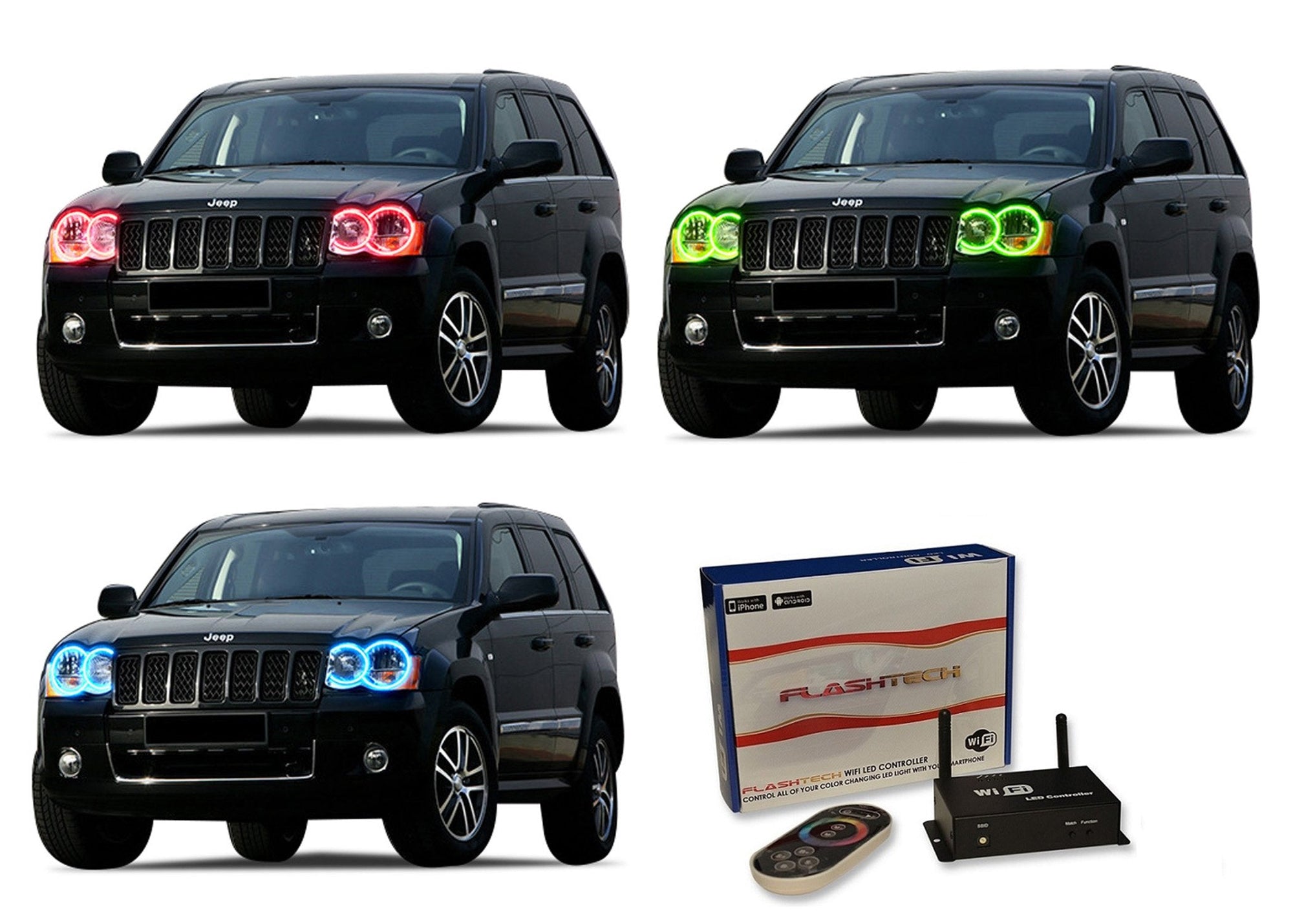 Jeep-Grand Cherokee-2005, 2006, 2007, 2008, 2009, 2010-LED-Halo-Headlights and Fog Lights-RGB-WiFi Remote-JE-GC0510-V3HFWI