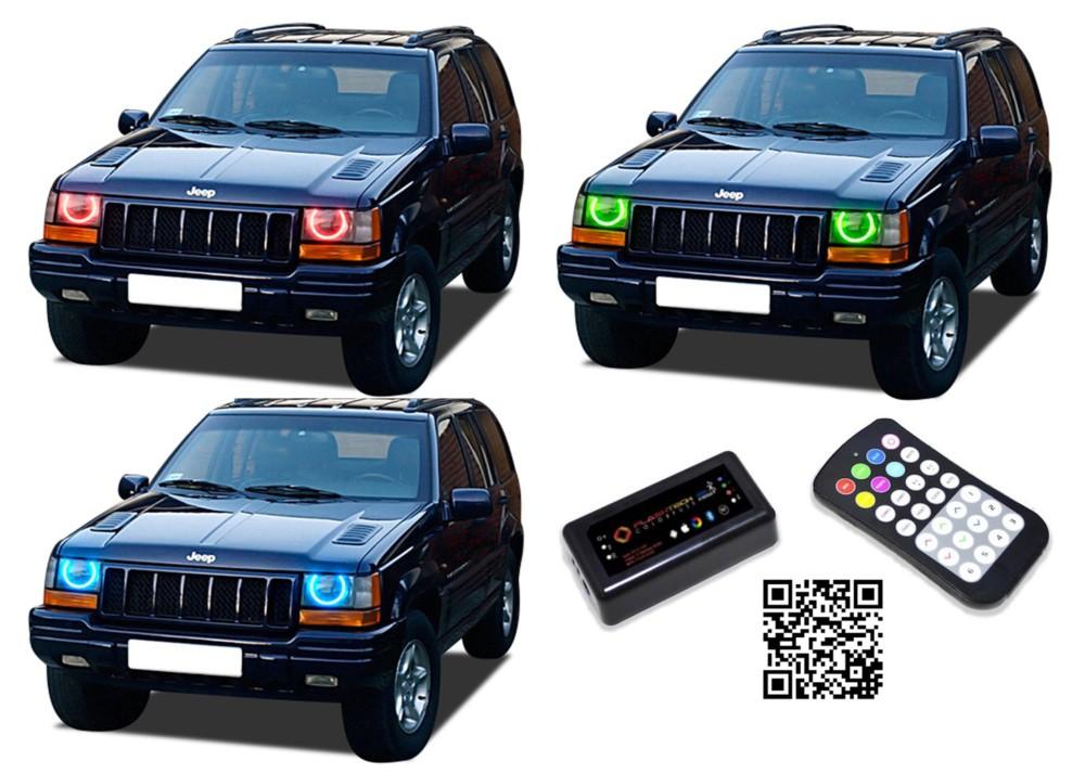 Jeep-Grand Cherokee-1993, 1994, 1995, 1996, 1997, 1998-LED-Halo-Headlights-RGB-Bluetooth RF Remote-JE-GC9398-V3HBTRF
