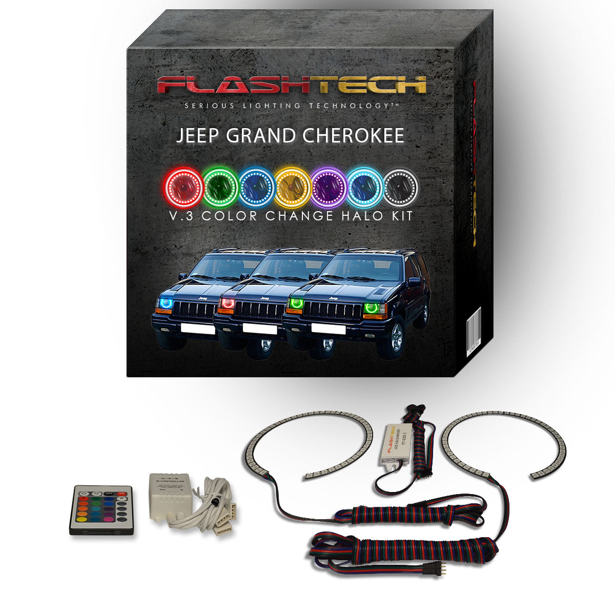 Jeep-Grand Cherokee-1993, 1994, 1995, 1996, 1997, 1998-LED-Halo-Headlights-RGB-Bluetooth RF Remote-JE-GC9398-V3HBTRF